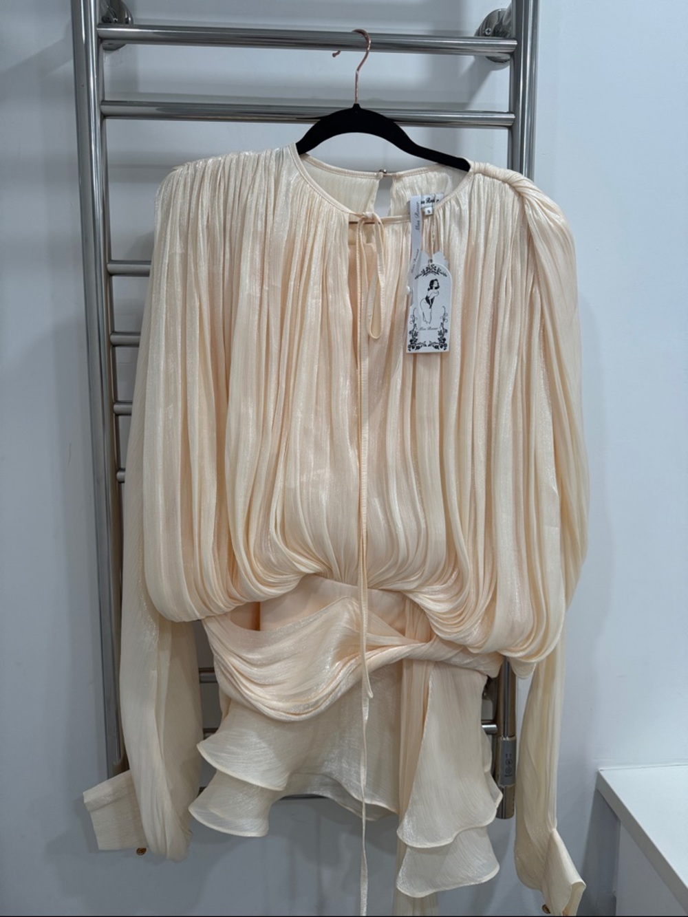 Cream Pleated Mini Dress with Tie-Neck